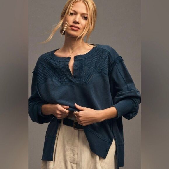 Anthropologie Pilcro Pintuck Sweatshirt Top Cotton Long Sleeve Navy XXS 284731